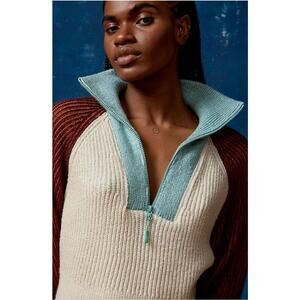 BDG Women’s Connor Colorblock Half-Zip Knit Sweater Blue Cream Brown Small